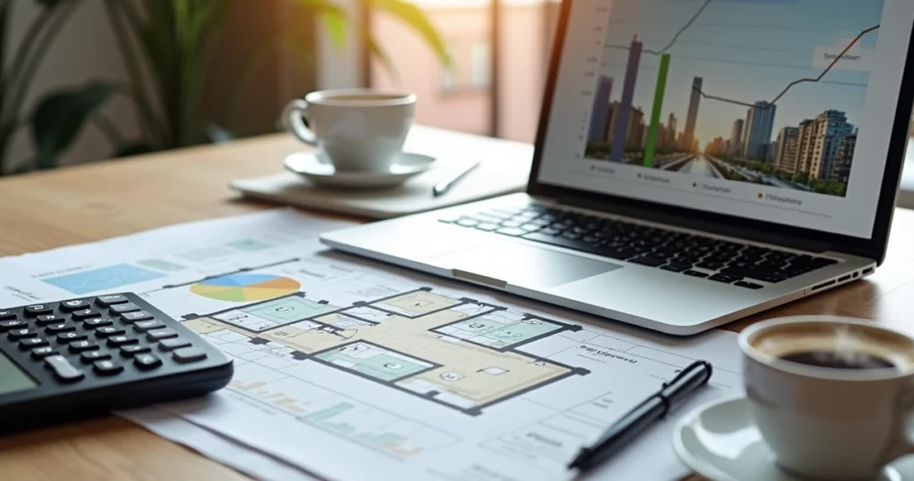 Mesa de trabalho com planta baixa de imóvel, calculadora, notebook mostrando gráficos de valorização imobiliária e xícara de café