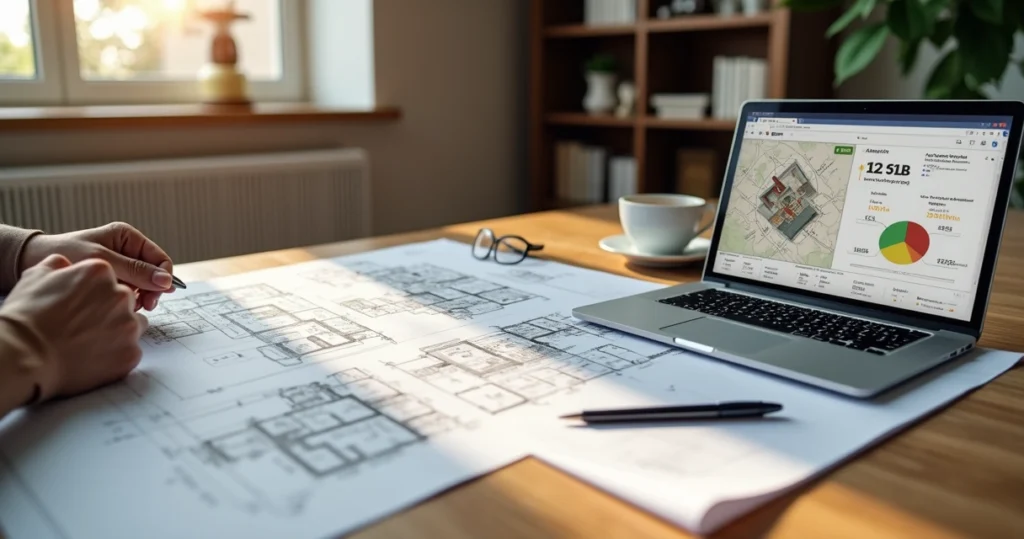 Pessoa avaliando plantas e documentos imobiliários em mesa iluminada