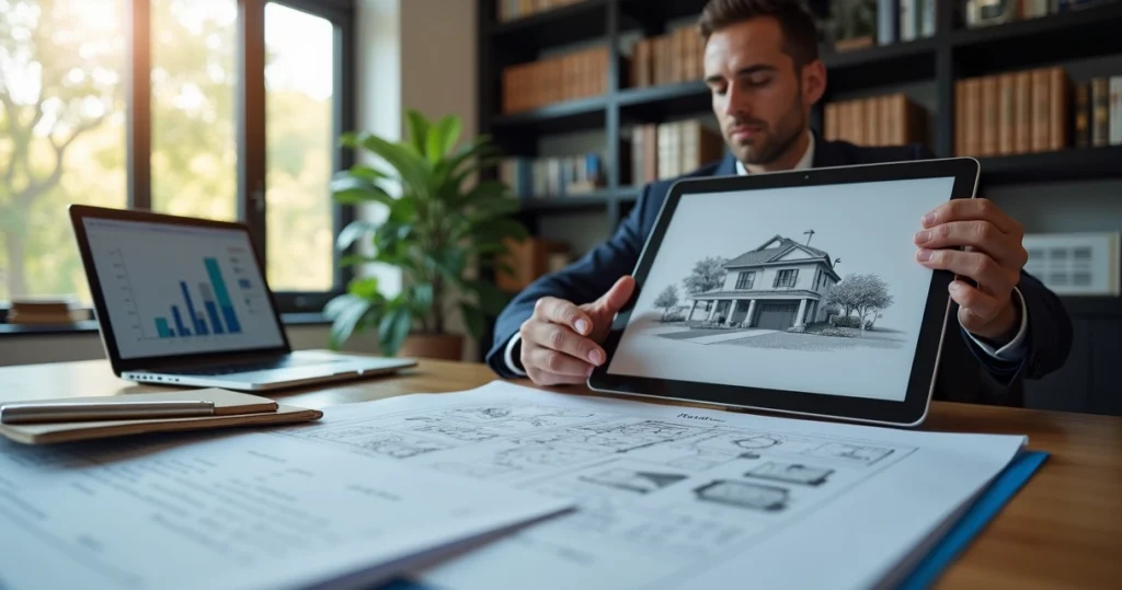 Profissional analisando documentos e planta de imóvel em escritório moderno com detalhes de segurança patrimonial