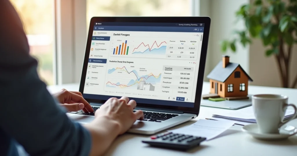 Pessoa utilizando simulador de financiamento imobiliário em laptop com gráficos e números na tela